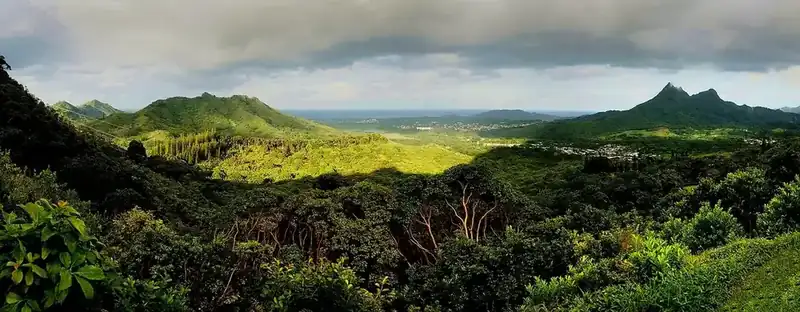 view from the Nuuanu Pali over green windward Oahu valleys and ridges toward the coast